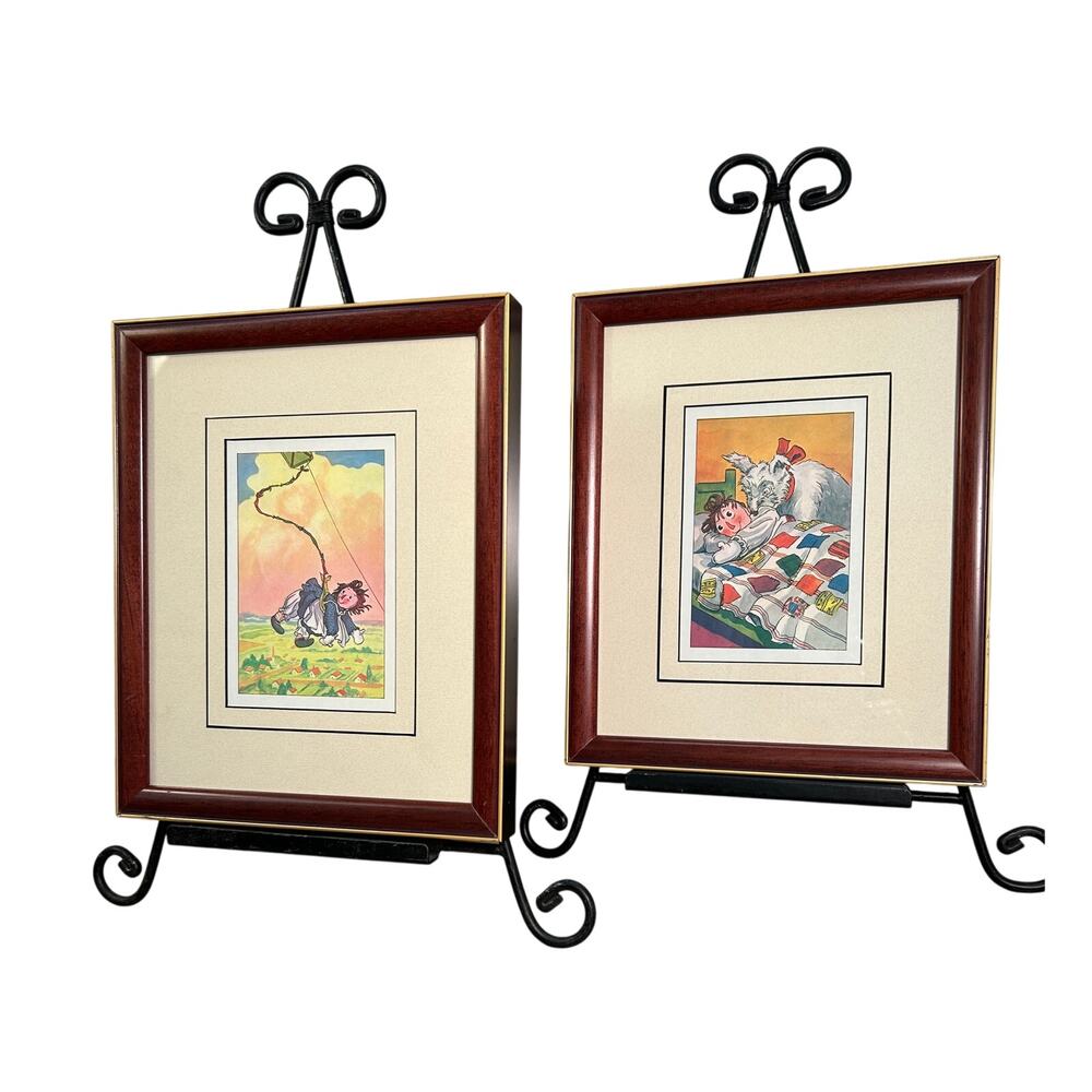 Midcentury graphic Art, Raggedy Ann Doll Classic Book - custom framed lot of two